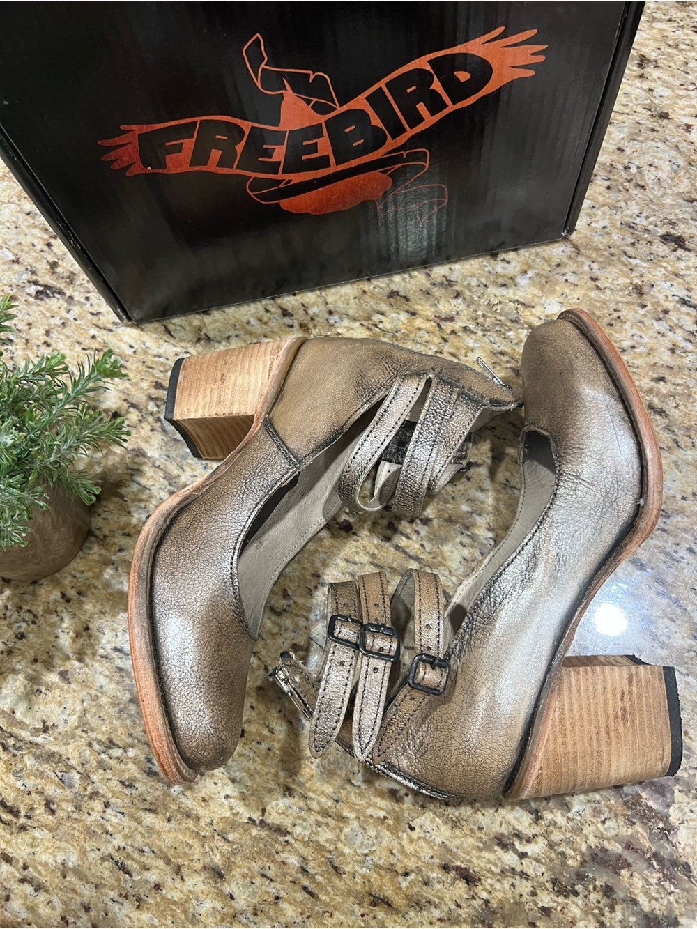 Freebird Randi Pewter/Metallic Taupe Leather Ankle Strap Block Heels 10 - Picture 7 of 13